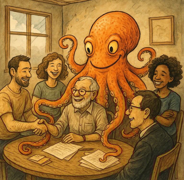 a group of people sitting around a table with a octopus
