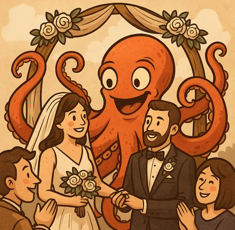 a cartoon style wedding ceremony with a octopus - like creature