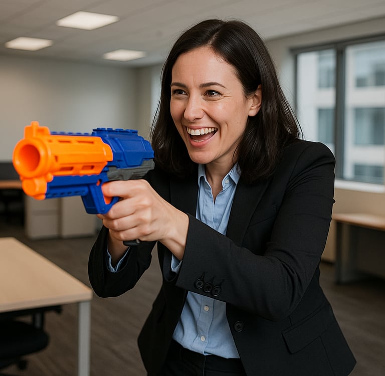 a woman in a suit and tie is holding a nerfet gun