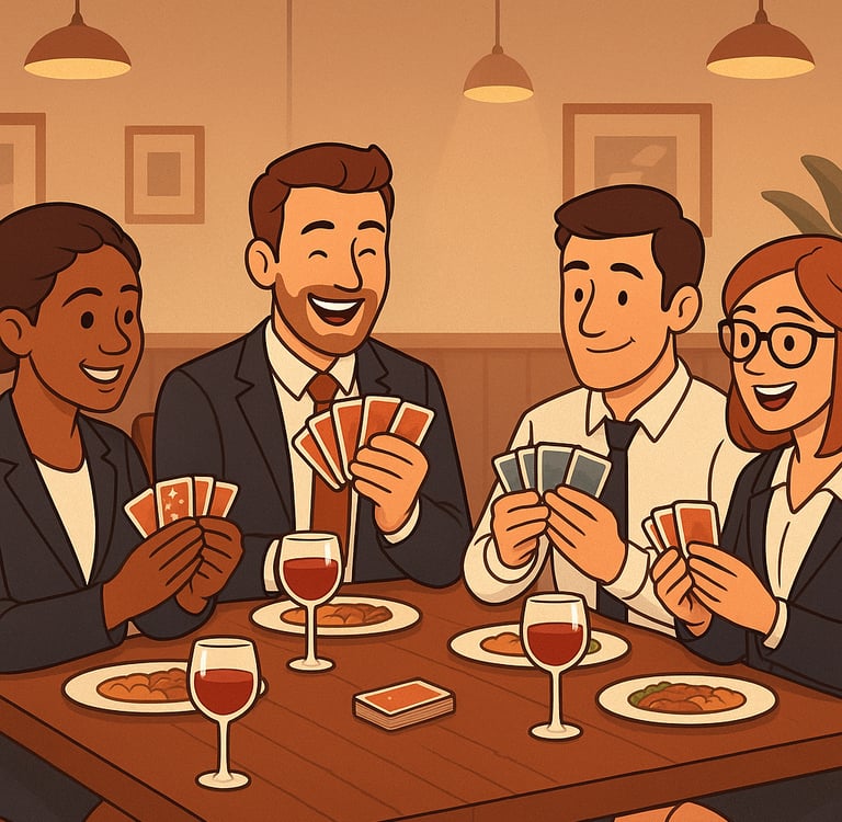 a group of people playing cards in a restaurant