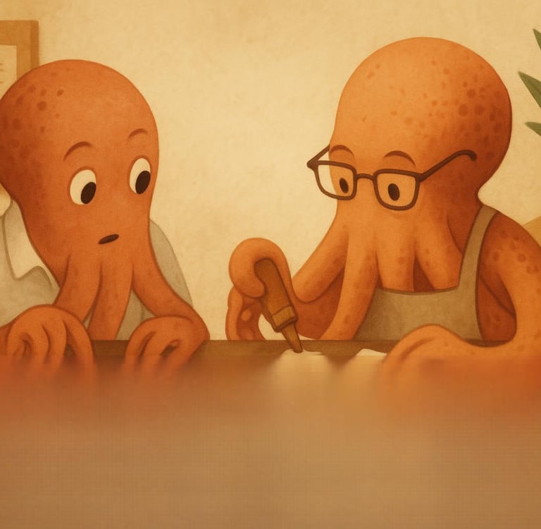 a couple of octopuss are sitting at a table