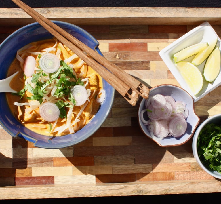 Khao Soi, Northern Thai chicken noodle soup with toppings