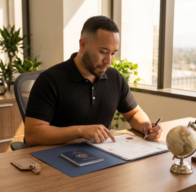 A man in a black polo shirt signing official immigration documents and a passport at a desk.