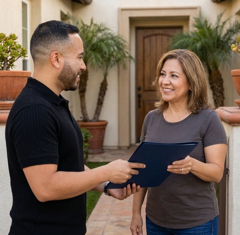 A man in a black polo shirt handing a folder to a smiling homeowner outside her house.