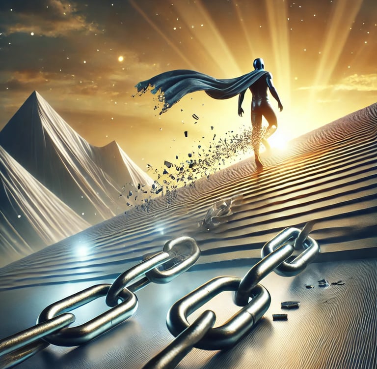 a man is breaking free from the limitations of self-imposed labels, roles and self-images