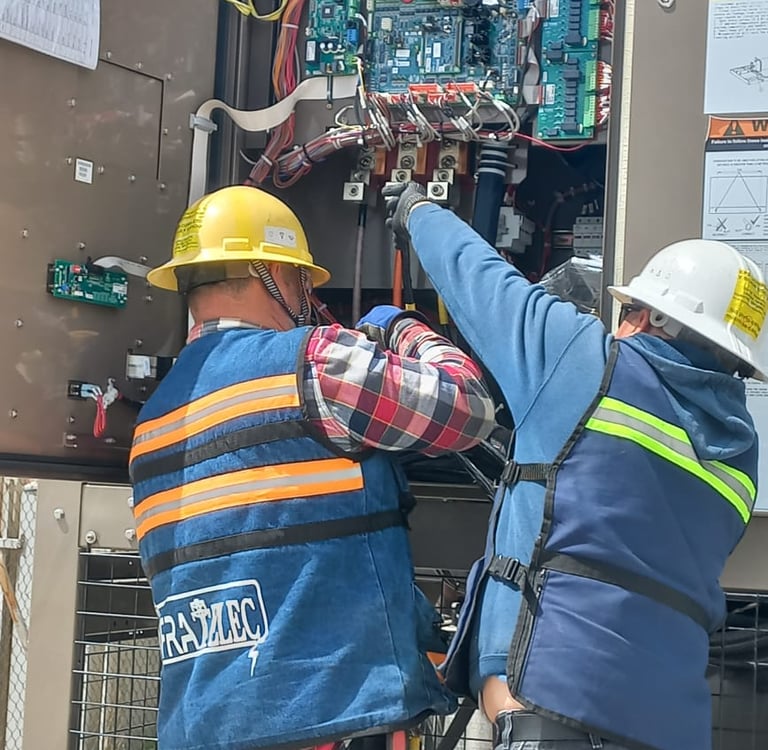 Dos técnicos con casco y chaleco trabajan en panel eléctrico abierto con circuitos.