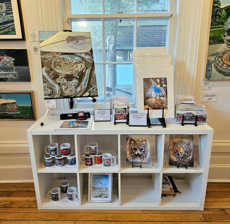 Gallery photo of original paintings, prints and mugs