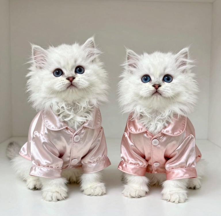   Dos gatitos blancos y esponjosos con ojos azules, que llevan un pequeño pijama de satén rosa, está