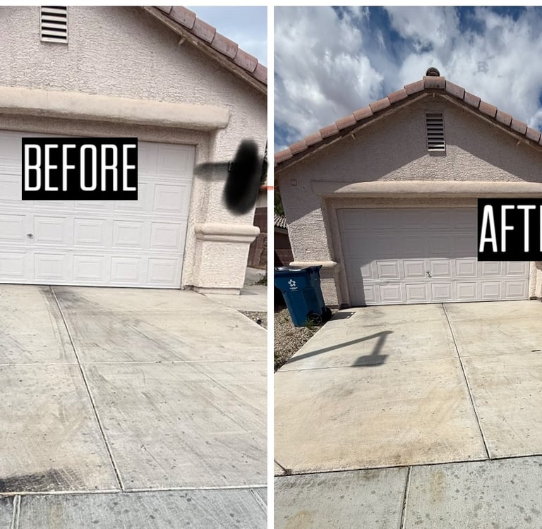 before and after image of a driveway pressure washing job