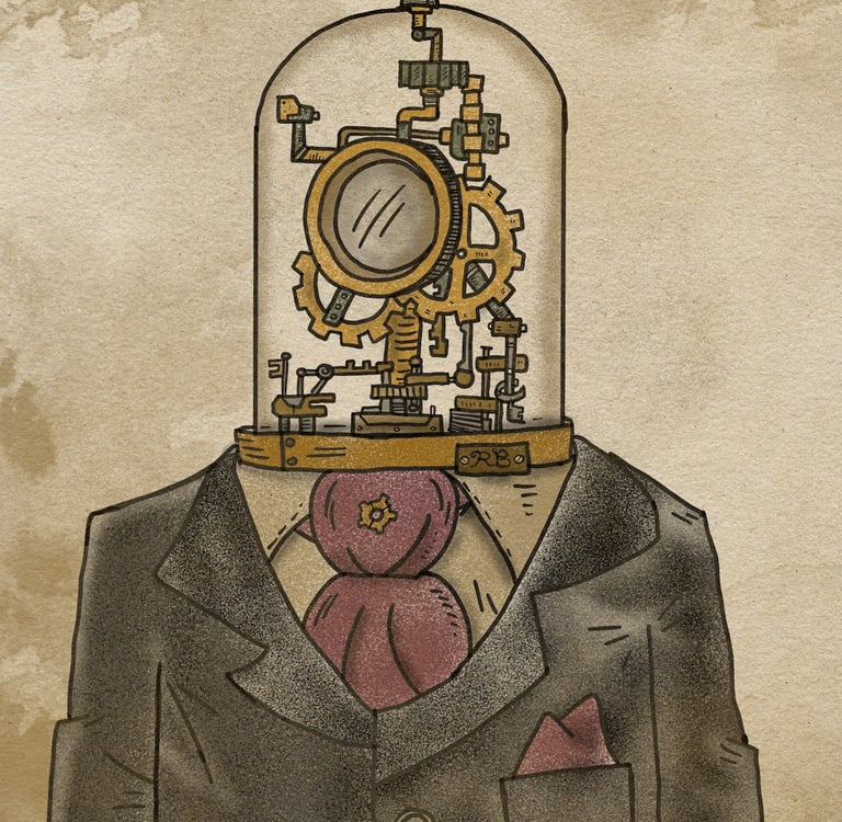 A clockwork robot with Victorian-era elements.
