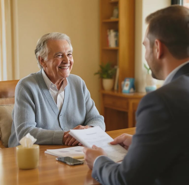 A warm and reassuring photo of a senior safely donating or interacting with a charity representative.