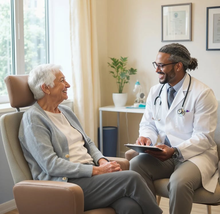 Photo of a senior consulting with a healthcare professional in a friendly, reassuring setting