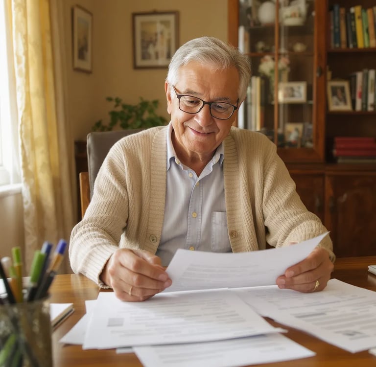 Warm, approachable photo of a senior reviewing documents