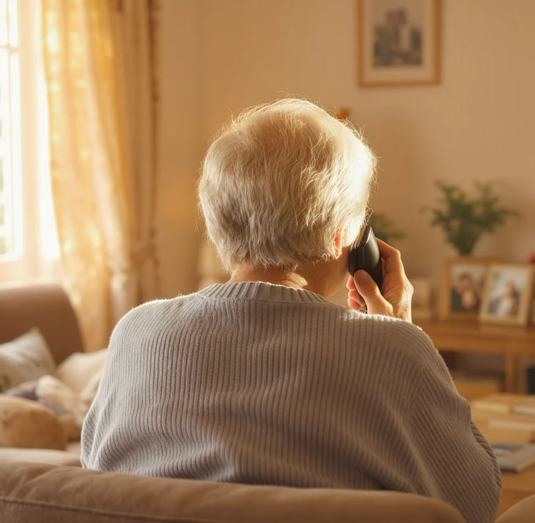 Warm, reassuring photo of a senior talking on the phone with their back turned towards the camera
