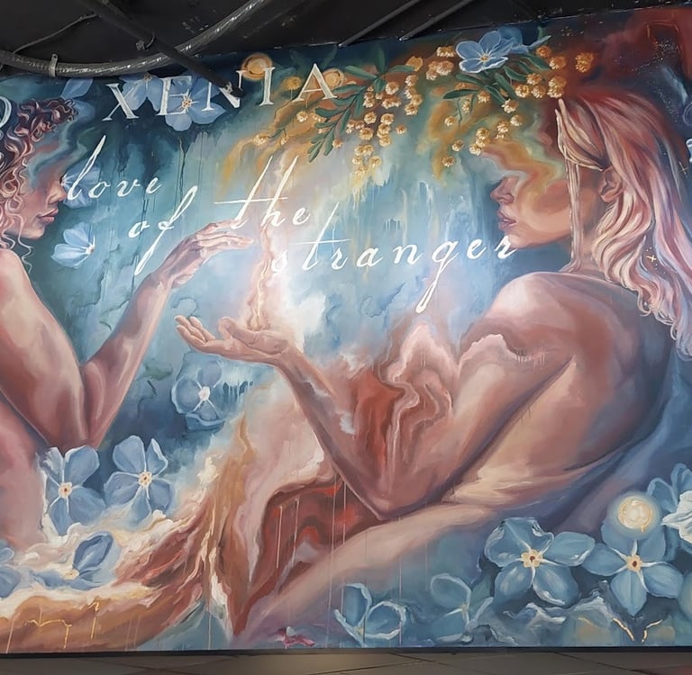 mural of two ethereal figures at Flour & Barrel Kitchen