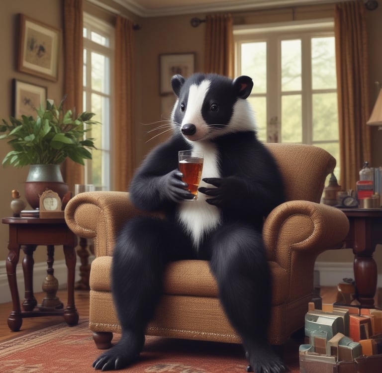Image of skunk drinking a beer in a recliner