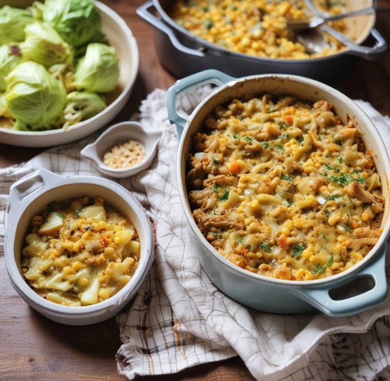 image of a buffet table with casserole dish and plate of cabbage
