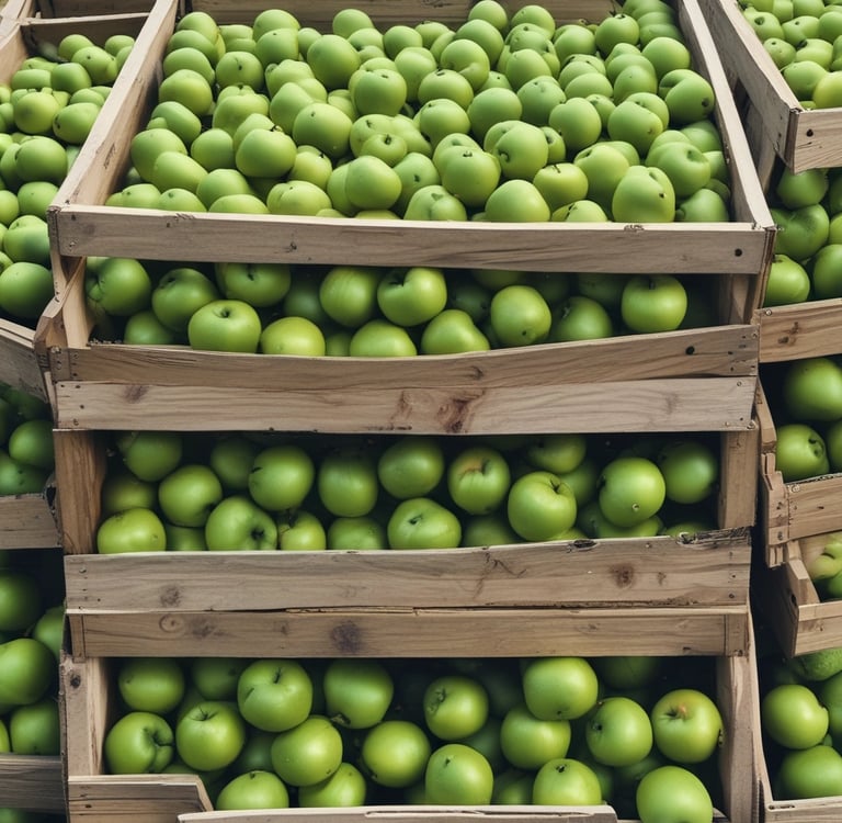 AI generated photo of large crates of green apples