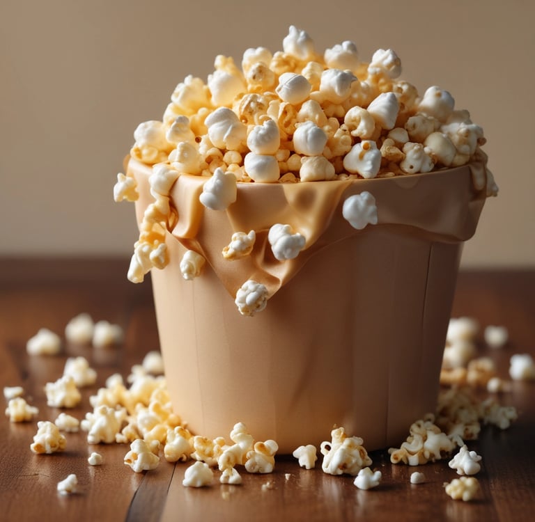 bucket of popcorn covered in toffee sauce