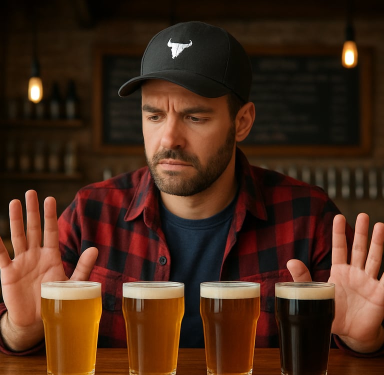 bearded man staring at a row of glasses looking confused
