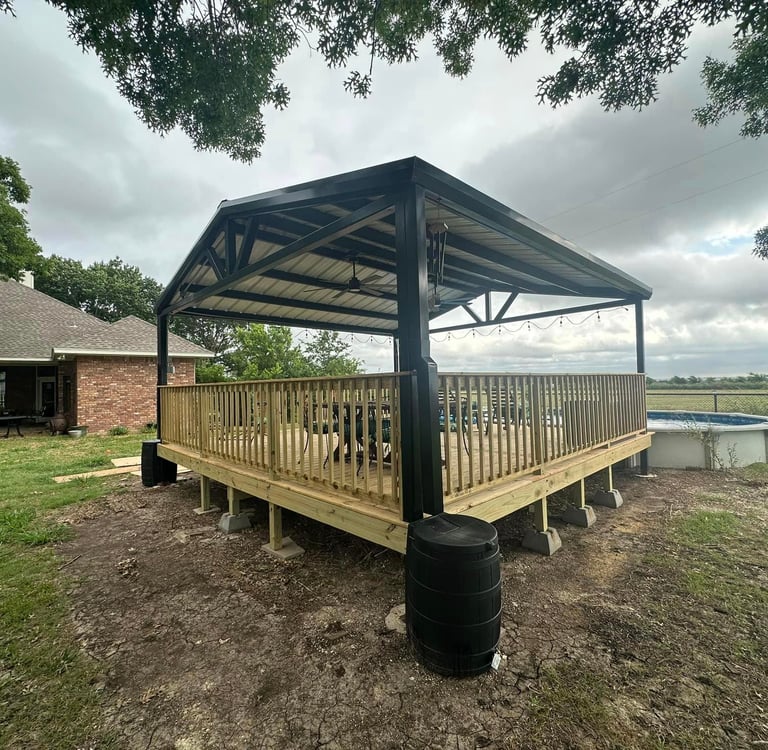Black Metal Patio with Wood Deck and Pool