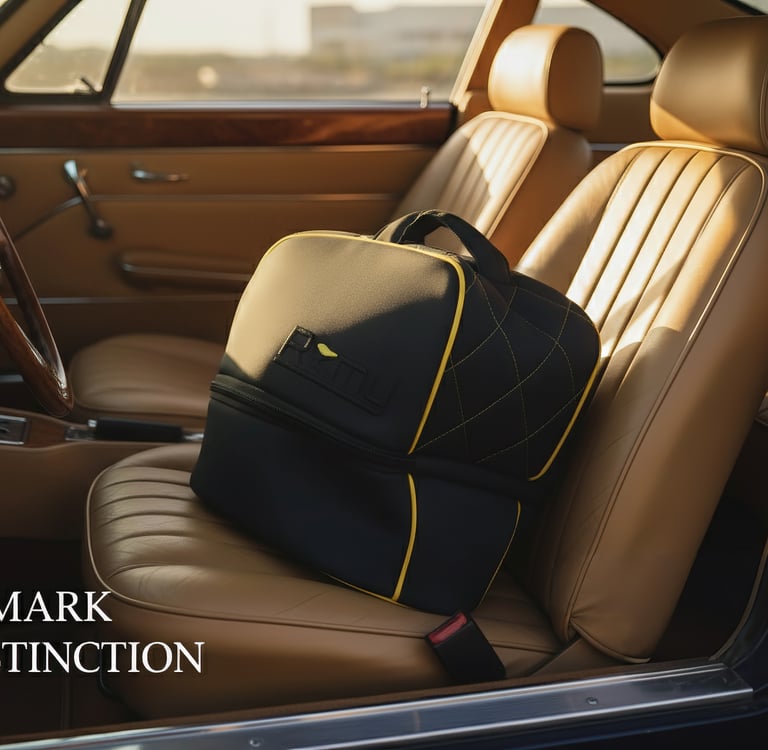 a helmet bag sitting on the front seat of a car