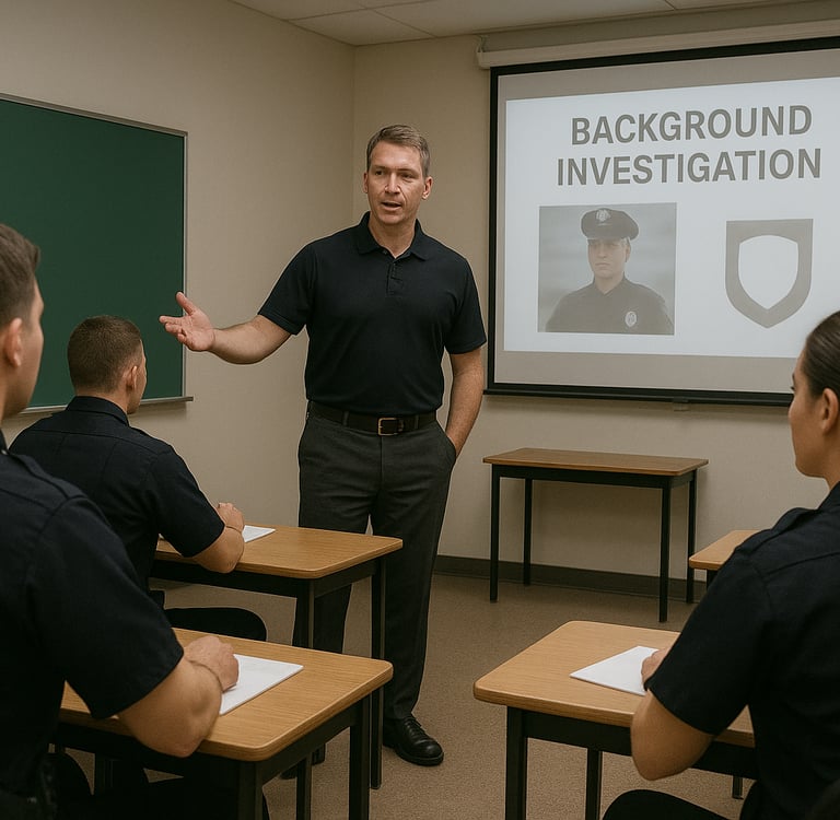 Instructor teaching police recruits about background investigation procedures in a law enforcement training classroom.