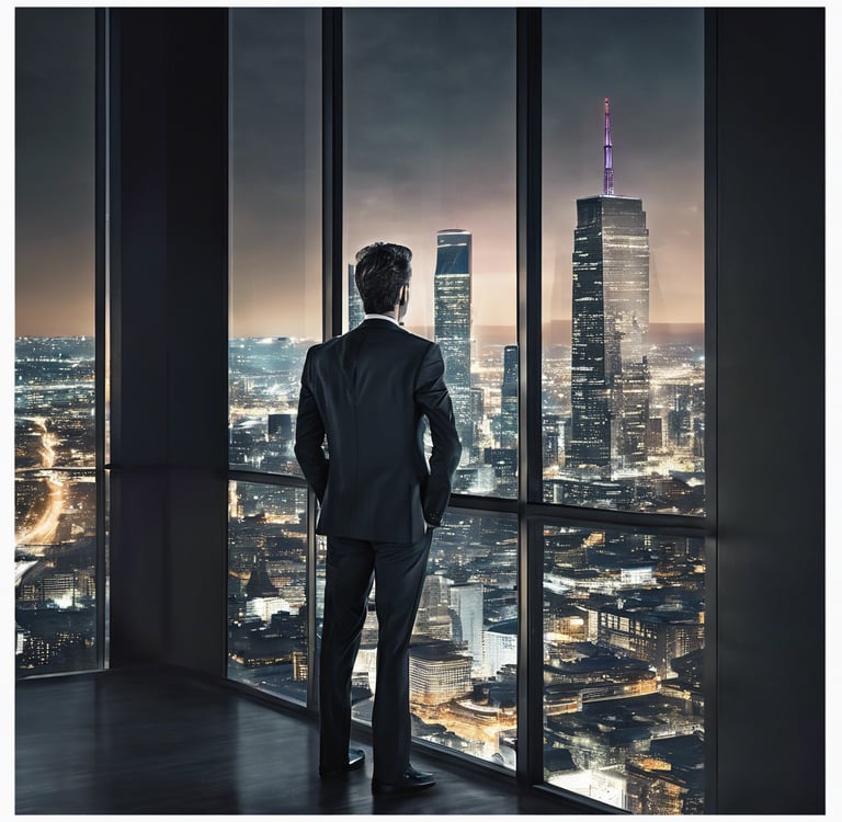  um homem de terno em frente a uma janela com vista para a cidade