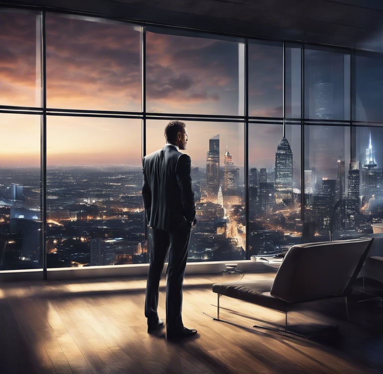 a business man in a suit standing in front of a large window