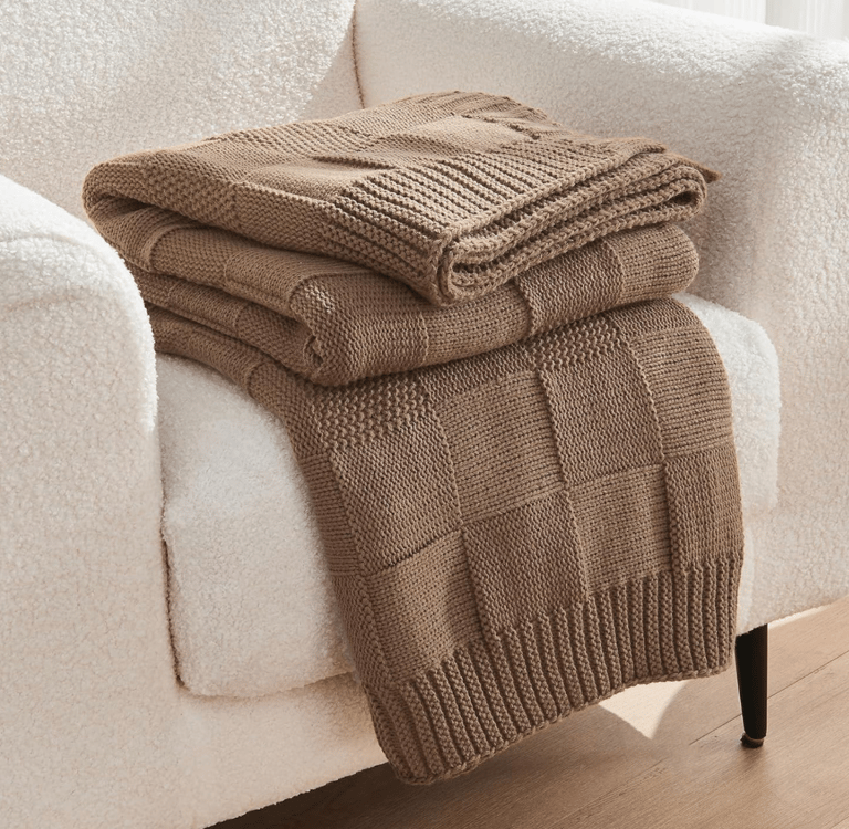 Check Knit Throw Blanket, Light Brown Checkered Throw for Couch, Decorative Christmas Soft Cozy Warm