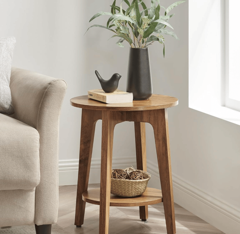 Side Table, 2-Tier Small Round End Table, Nightstand with Tapered Legs, Curved Transitions, for Smal