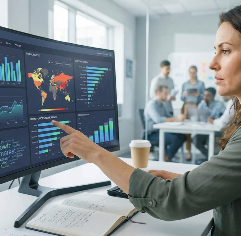 High-tech data visualization dashboard displaying growth metrics for strategic analysis