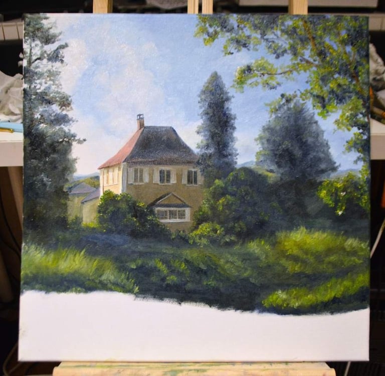 a painting of a house in a field