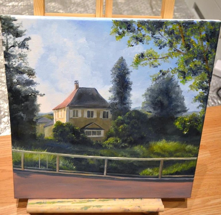 a painting of a house with an incomplete fence