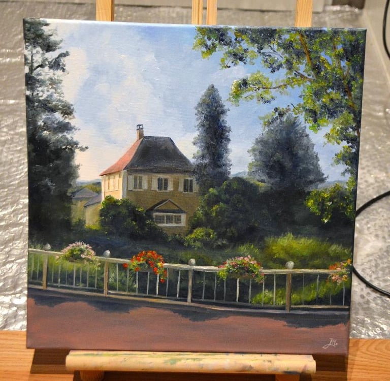 a painting of a house with a fence adorned with hanging flowers