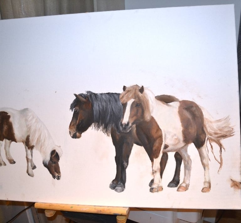 a painting of three ponies drawn on a canvas