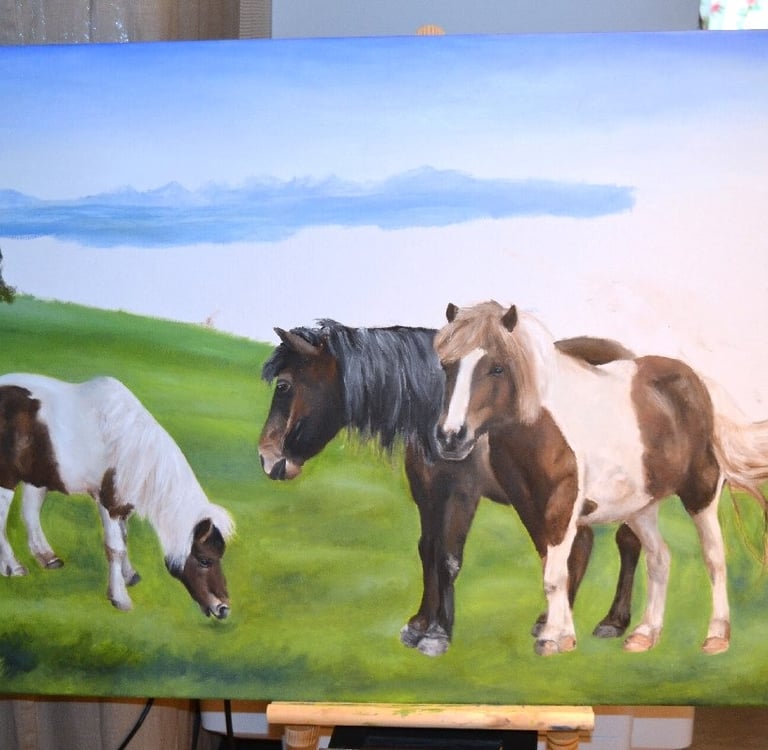 an unfinished painting of horses in a field