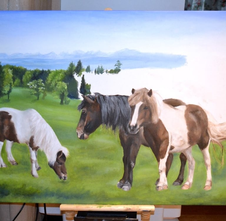 a painting of horses in a field