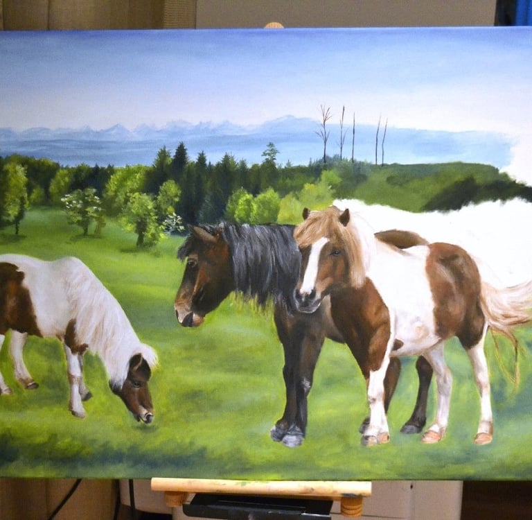 a painting of horses in a field
