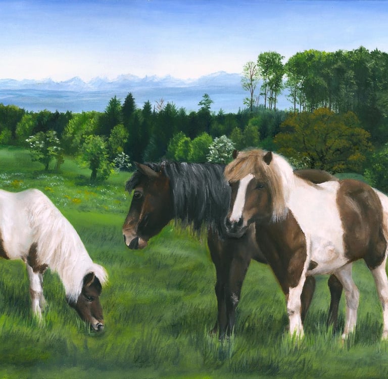 a painting of three ponies grazing in a field with varied trees and mountains