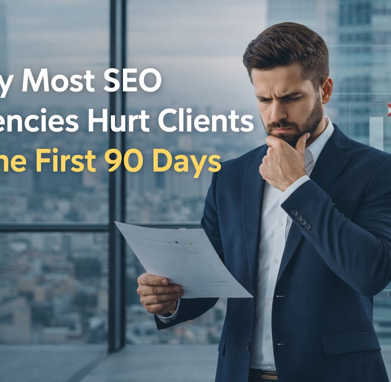 Business owner reviewing SEO report showing early ranking decline during the first 90 days of an SEO