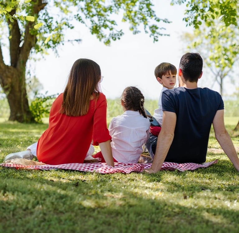 Eine Familie mit zwei Kindern sitzt beim Picknick.