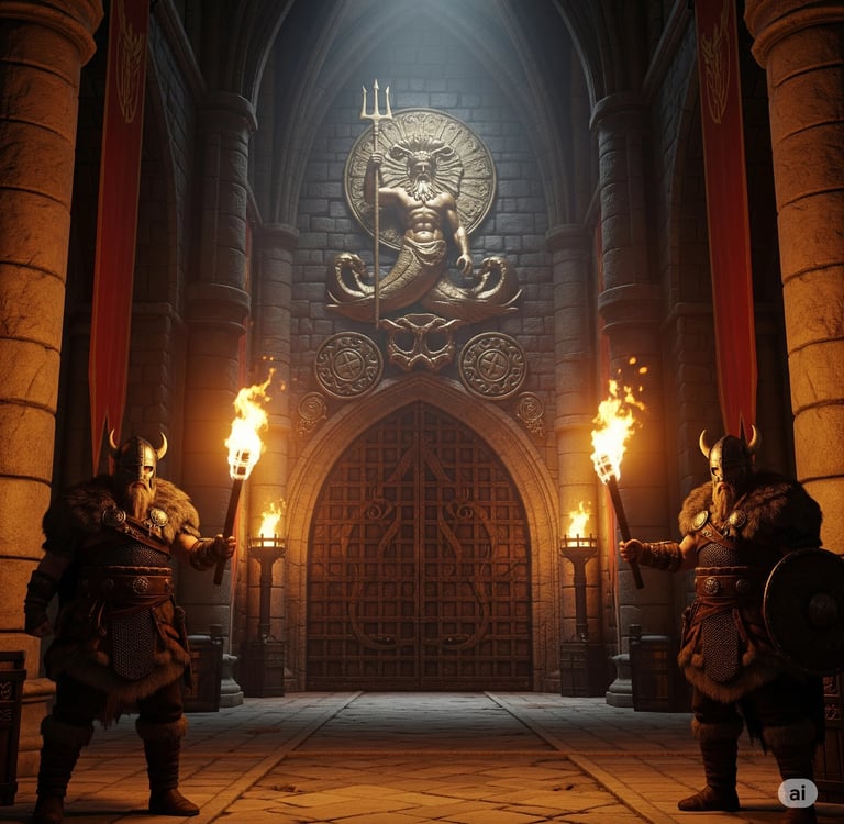 Triton water symbool: Triton met drietand boven poort, bewaakt door krijgers met fakkels