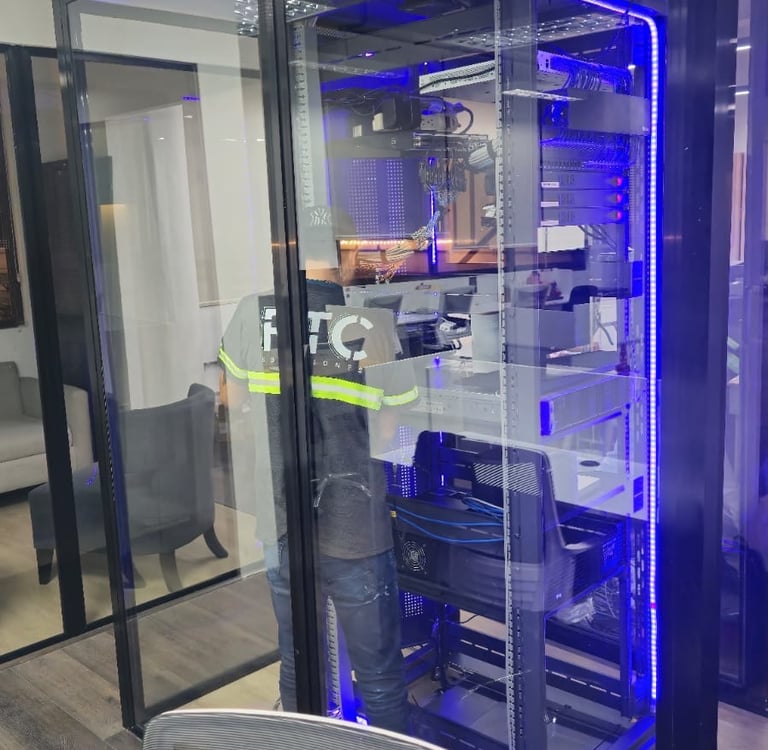 Técnico trabajando dentro de cuarto de servidores con gabinete iluminado.