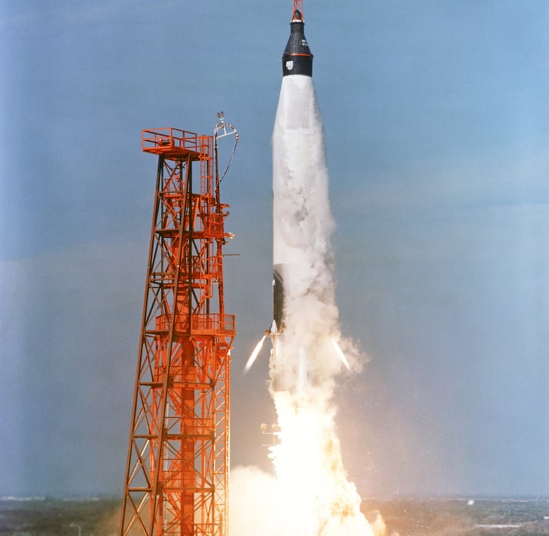 Atlas rocket launching with Enos the space chimpanzee aboard the Mercury-Atlas 5 mission
