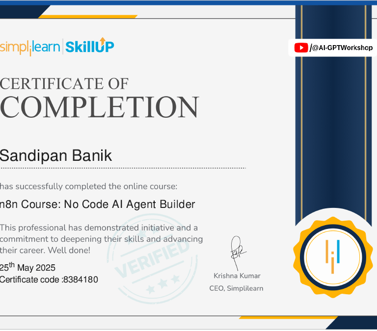 n8n AI Agent Builder - Certificate - Sandipan Banik - www.sandipanbanik.com