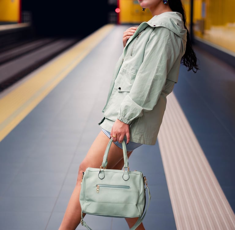 a woman in a green coat and heels is holding a purse