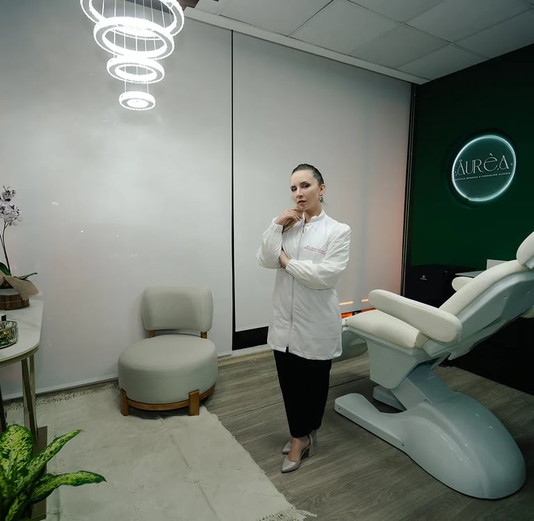 Mujer profesional de la salud posando confiada en su consultorio estético en Cumbayá