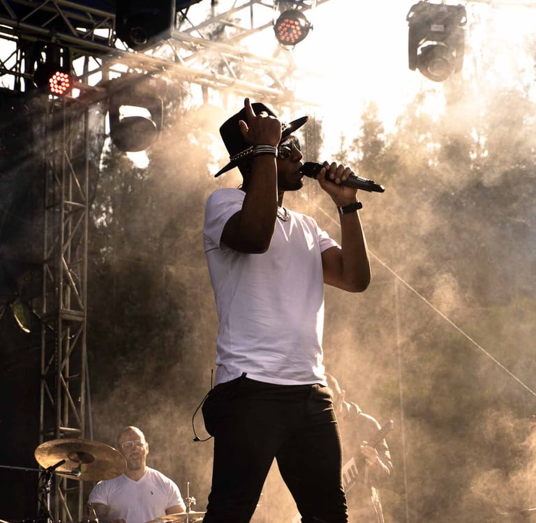 Fotografía de concierto en el atardecer de cantante con estilo