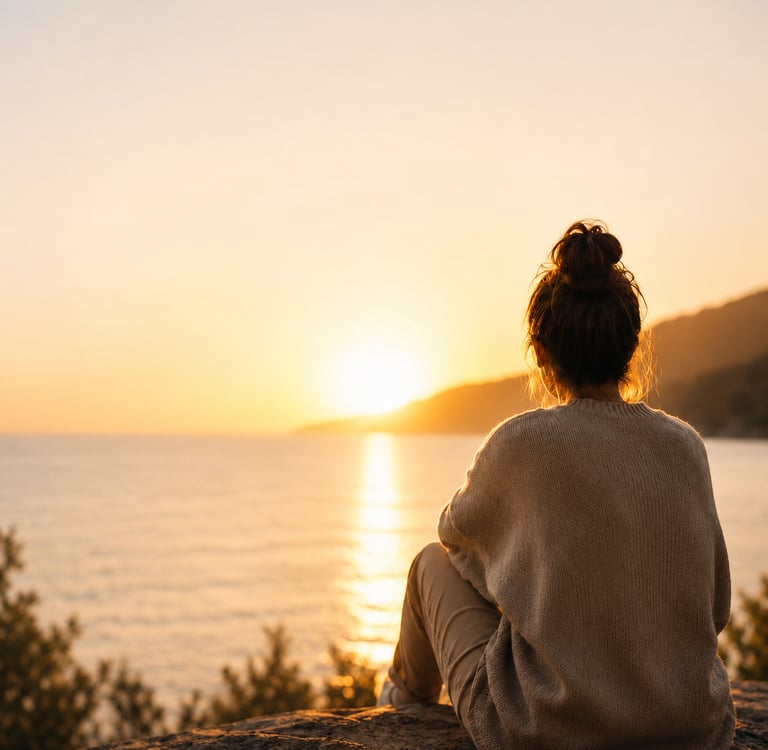 A women sits by the water at sunset, immersed in a reflection and peace 